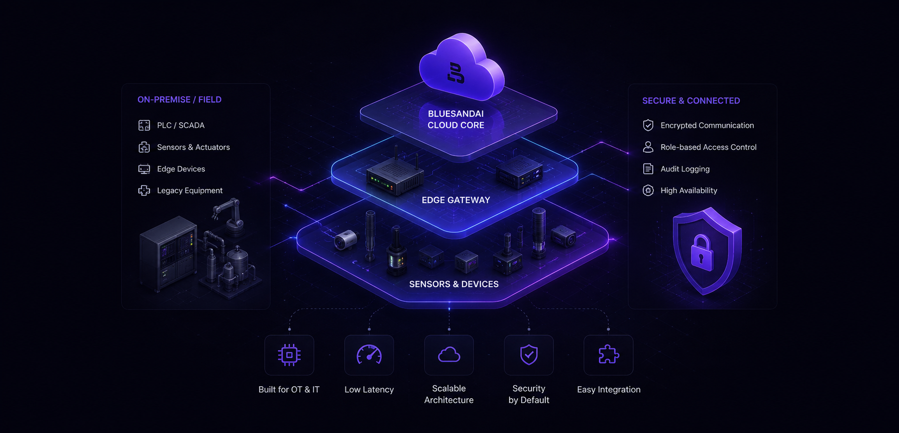 BluesandAI cloud-edge infrastructure diagram — sensors, gateways, edge compute, and cloud core